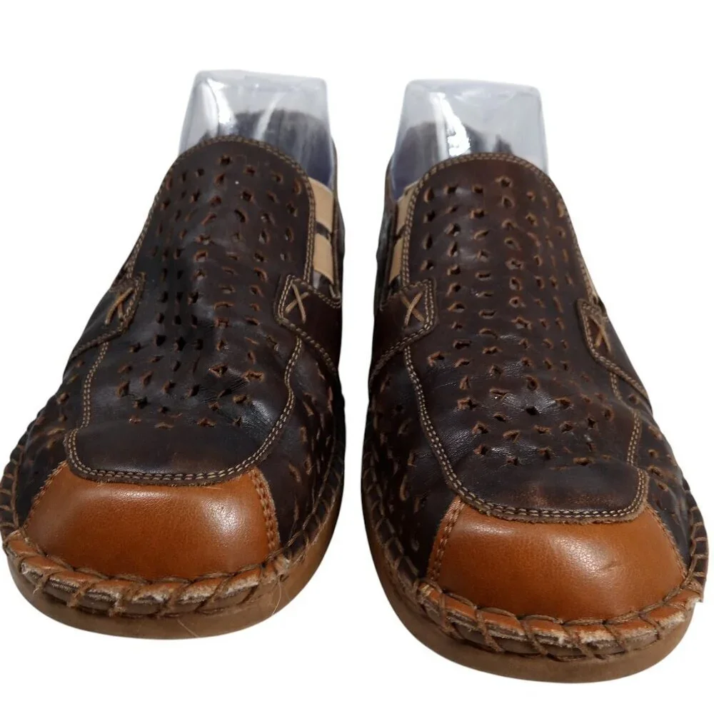 Rieker Brown Leather Slip On Comfort Loafers Size 40 US 9.5-10 Perforated